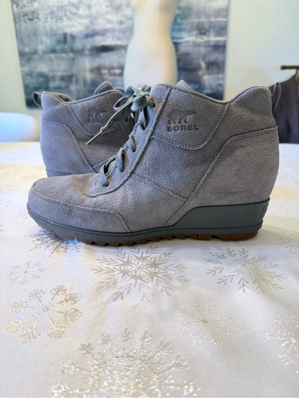 Sorel Womens Evie Sport Lace wedge ankle booties NL3817-053 Quarry Grey Suede 11